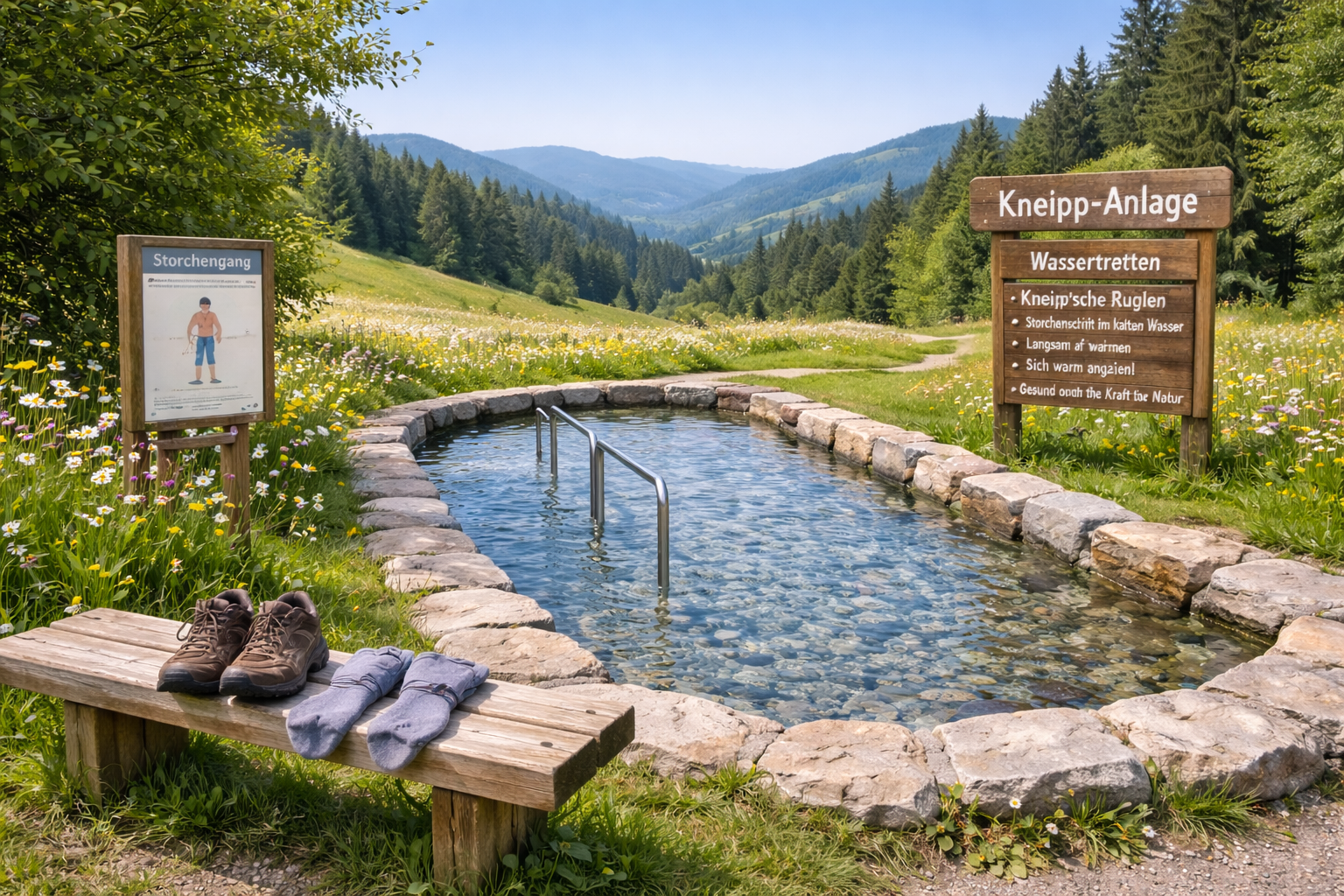 Kneipp Anlage Todtnau: leeres Wassertretbecken mit klarem Quellwasser, Storchengang-Schild sowie Bank mit Socken und Wanderschuhen für die Kneipp-Routine