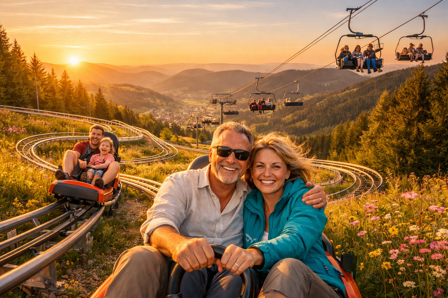 Familie fährt mit dem Hasenhorn Coaster in Todtnau bei Sonnenuntergang im Schwarzwald.