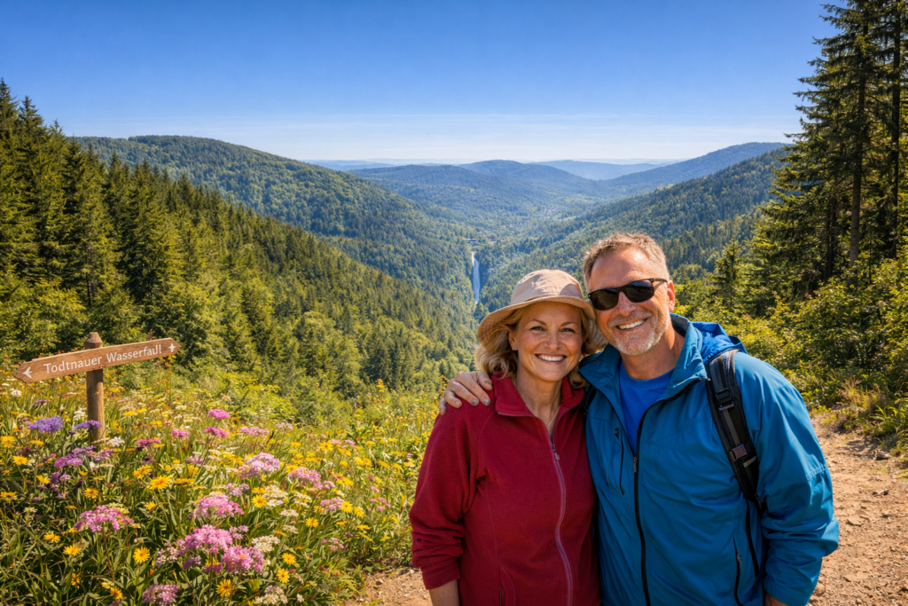 Eine glückliche Familie fährt bei Sonnenuntergang mit dem Hasenhorn Coaster in Todtnau durch die Berglandschaft des Schwarzwalds.